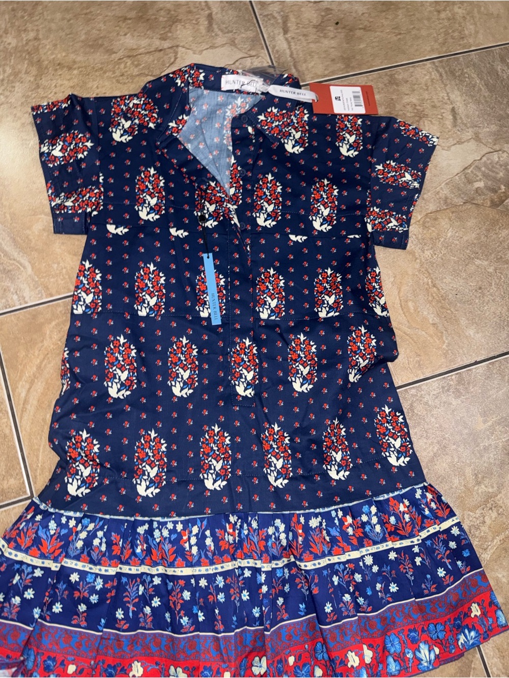 HUNTER BELL Navy Floral Short-Sleeve Dress with Red & Cream Accents